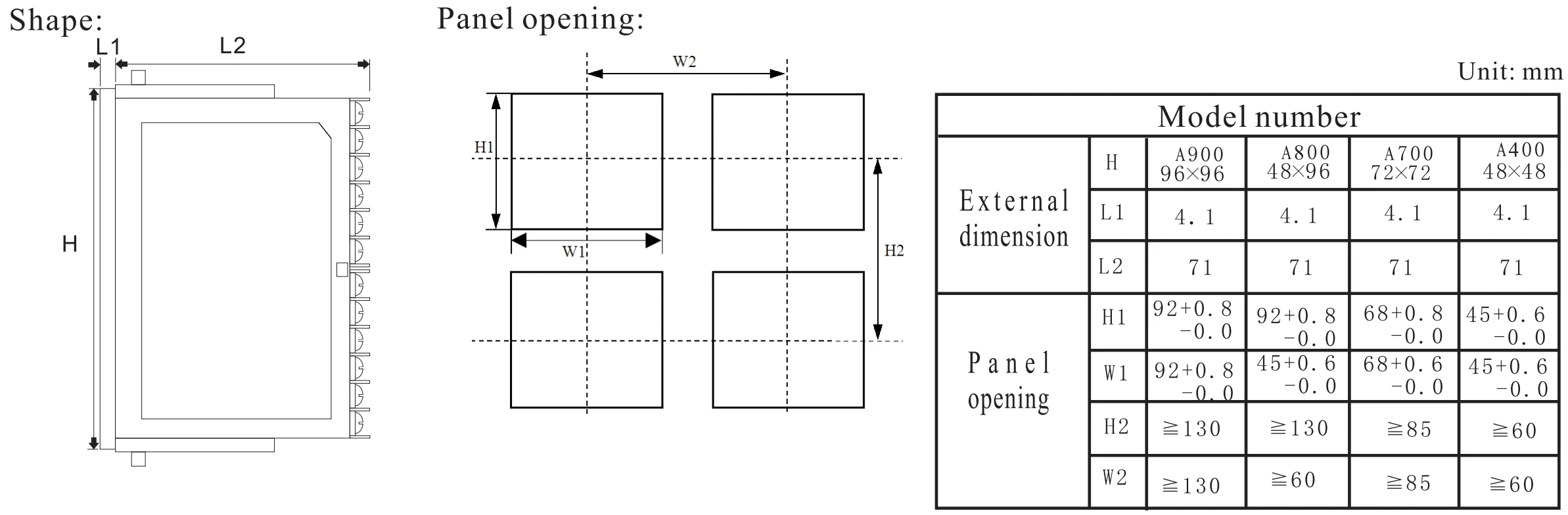 dimension for a900 series temperature controller