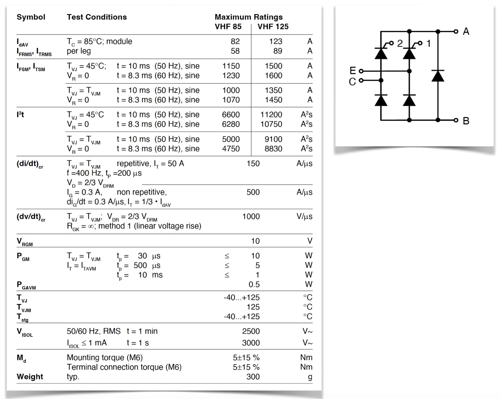 VHF85 VHF125 Half Controlled Single Phase Rectifier Bridge with Freewheeling Diode