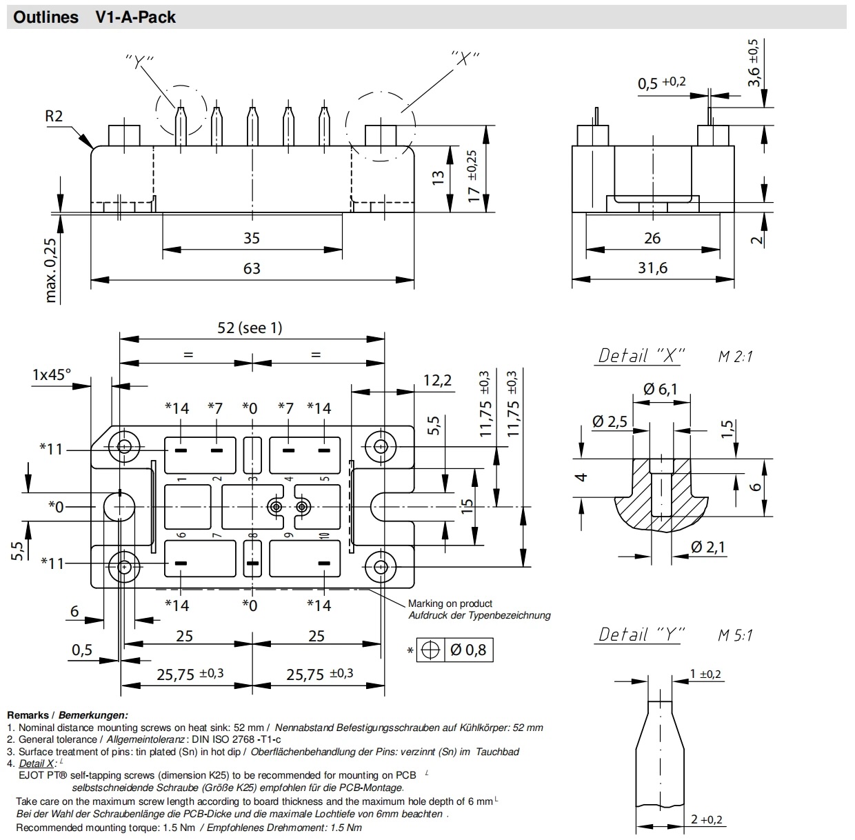 dimensions of VUO34 VUO52 VUO80 3-phase Rectifier Bridge B6U