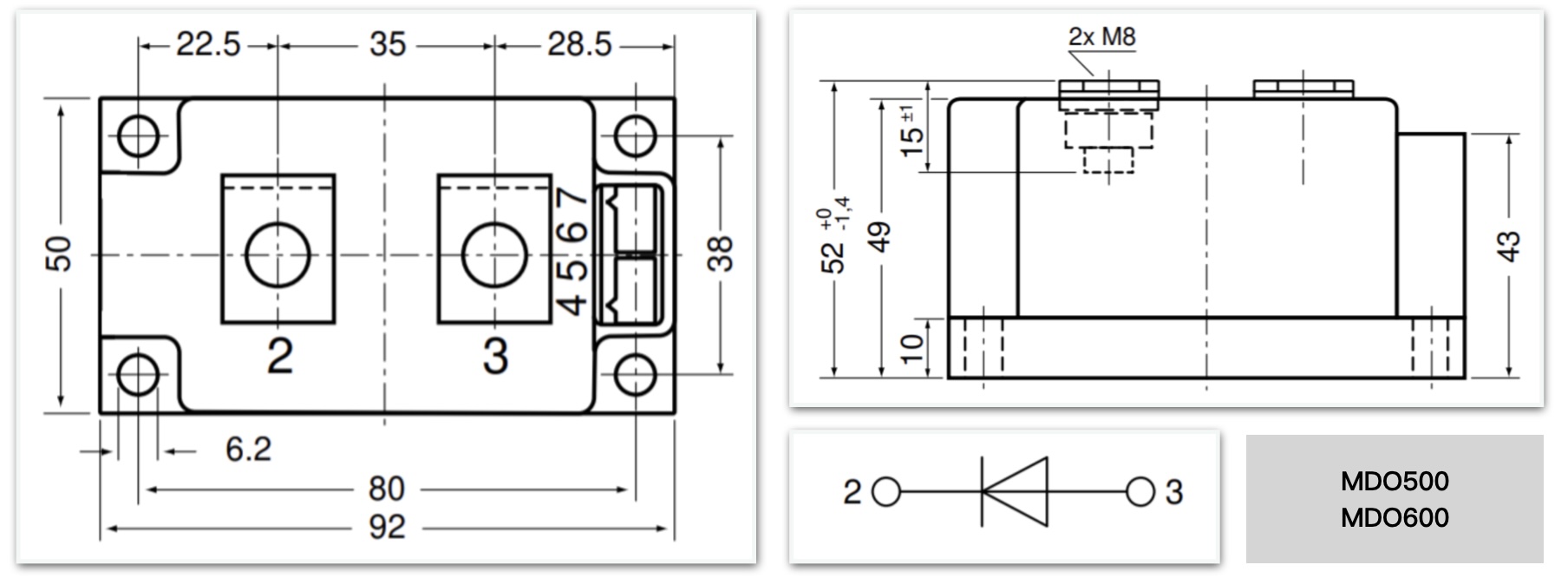 MDO500 MDO600 single diode module dimensions