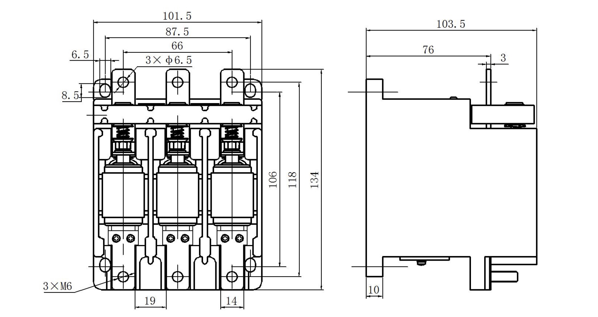 80A 125A vacuum contactor dimension diagram
