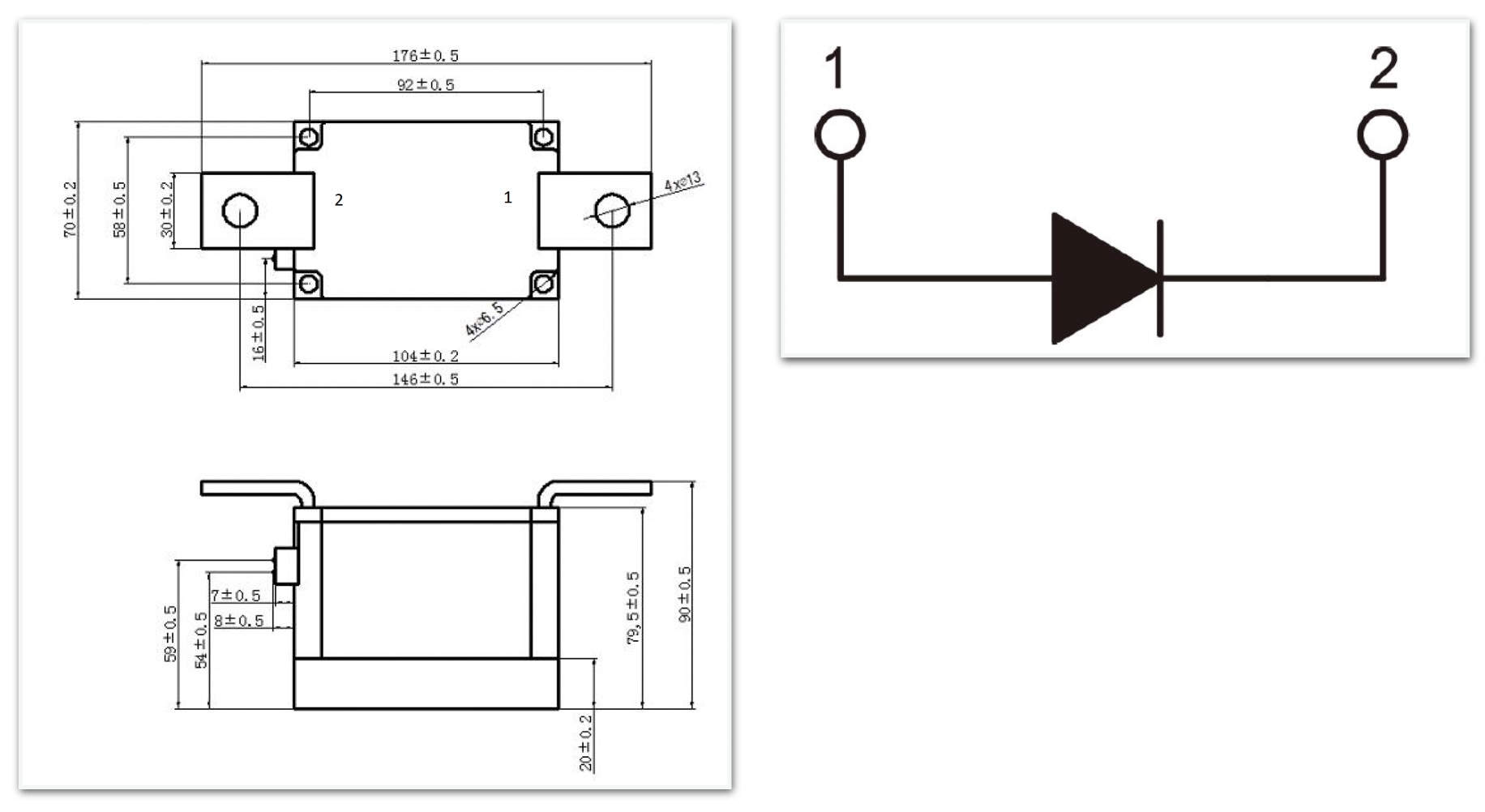 800A to 1200A single diode module dimensions
