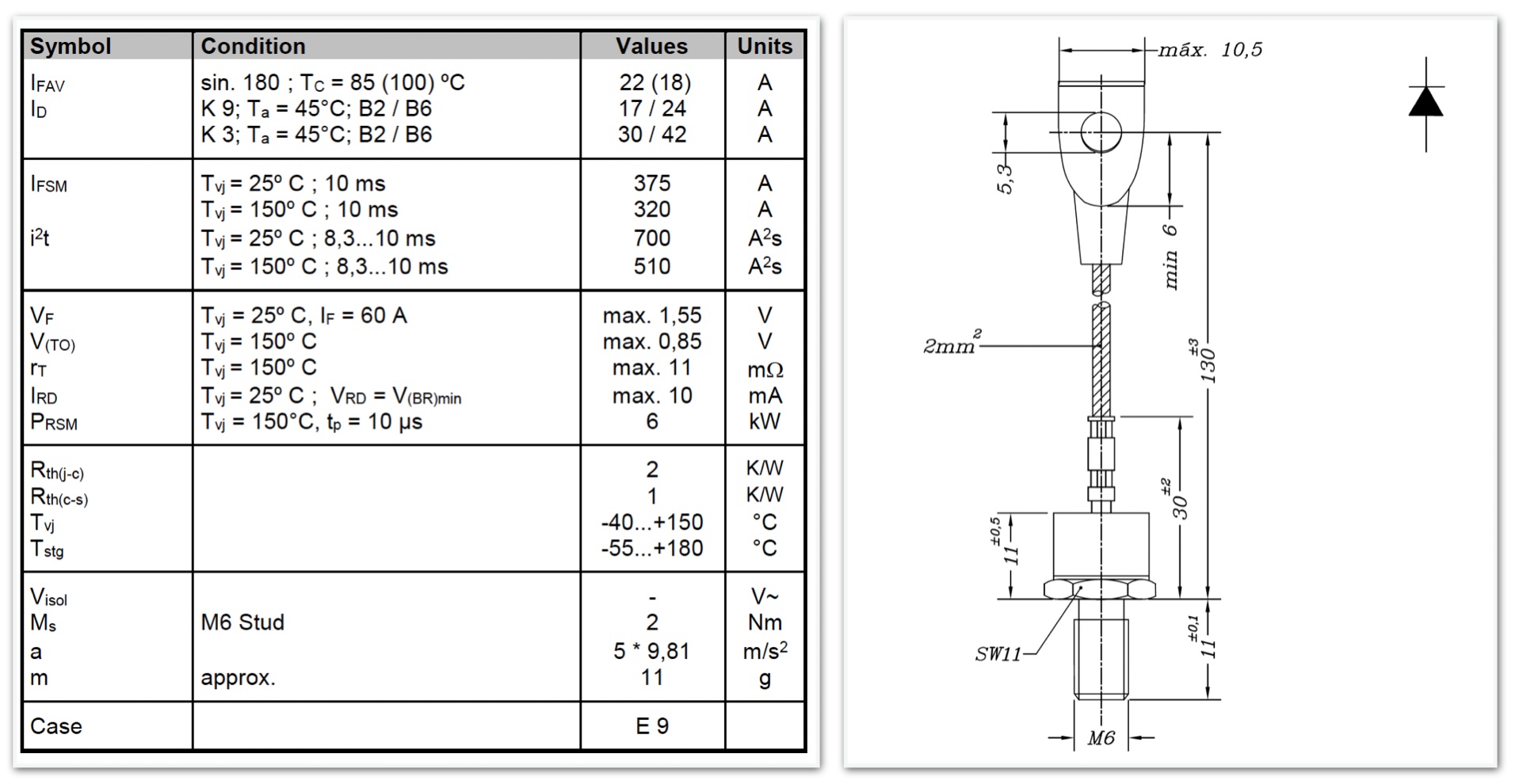skna20 stud avalanche diode rating and dimension